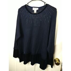 Alfred Dunner Woman L Sweater Blue Beaded Velvet Trim Pullover Tunic Wool Blend